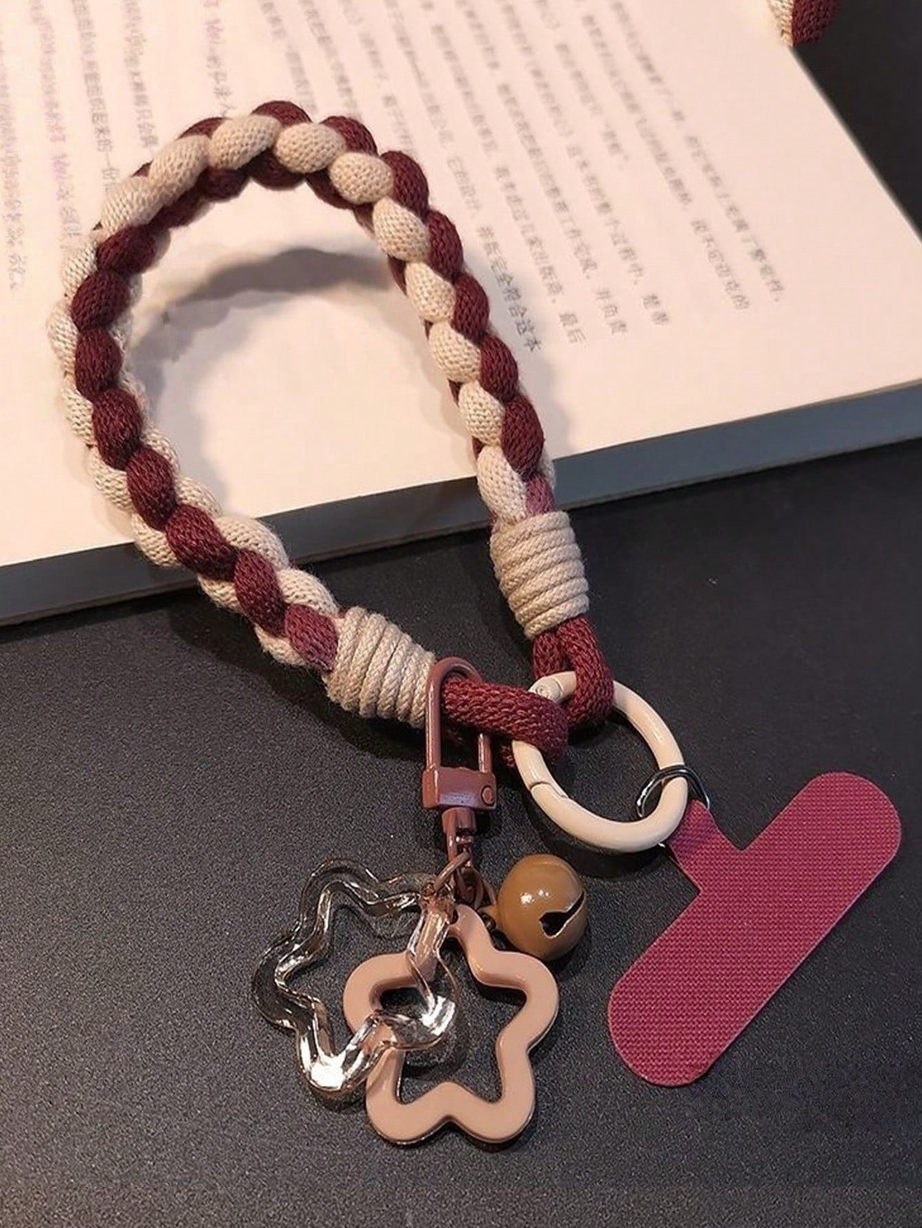 1pc Minimalist Mixed Color Braided Phone Lanyard, Short Burgundy Wrist Strap With Star Pendant, Fashionable Outdoor Keychain Strap