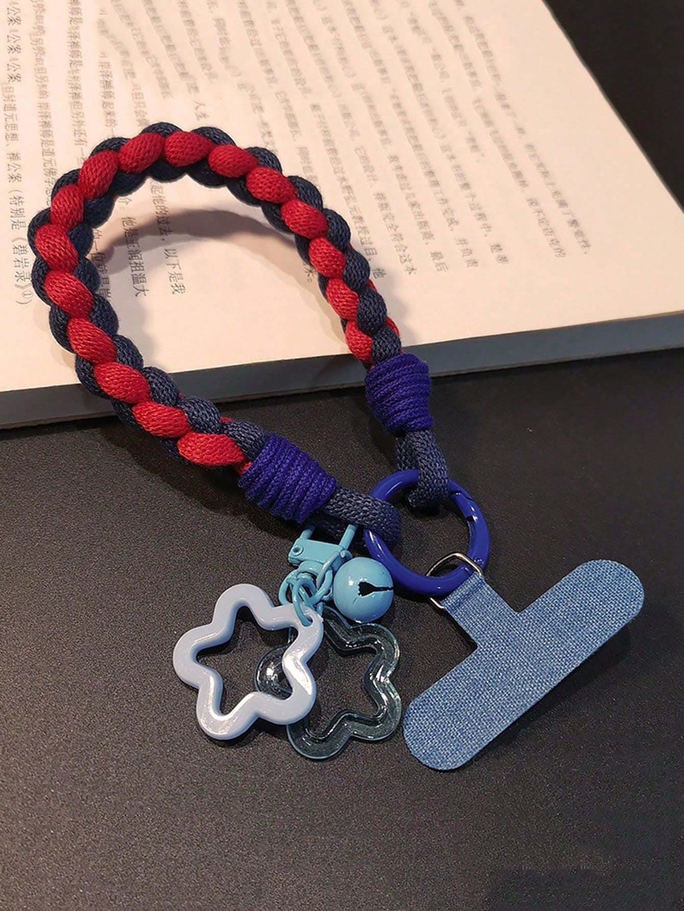 1pc Minimalist Mixed Color Braided Phone Lanyard, Short Burgundy Wrist Strap With Star Pendant, Fashionable Outdoor Keychain Strap