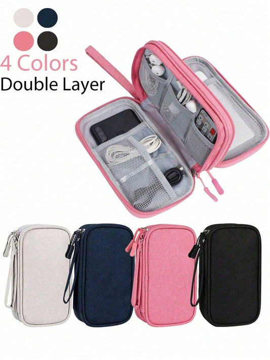 1pc Minimalist Solid Color Double-Layer EVA Storage Bag, Portable Data Cable Organizer Pouch To Hold Earphones, Cables, Chargers, Power Banks, Rectangular Storage Box, Essential For Traveling Men And