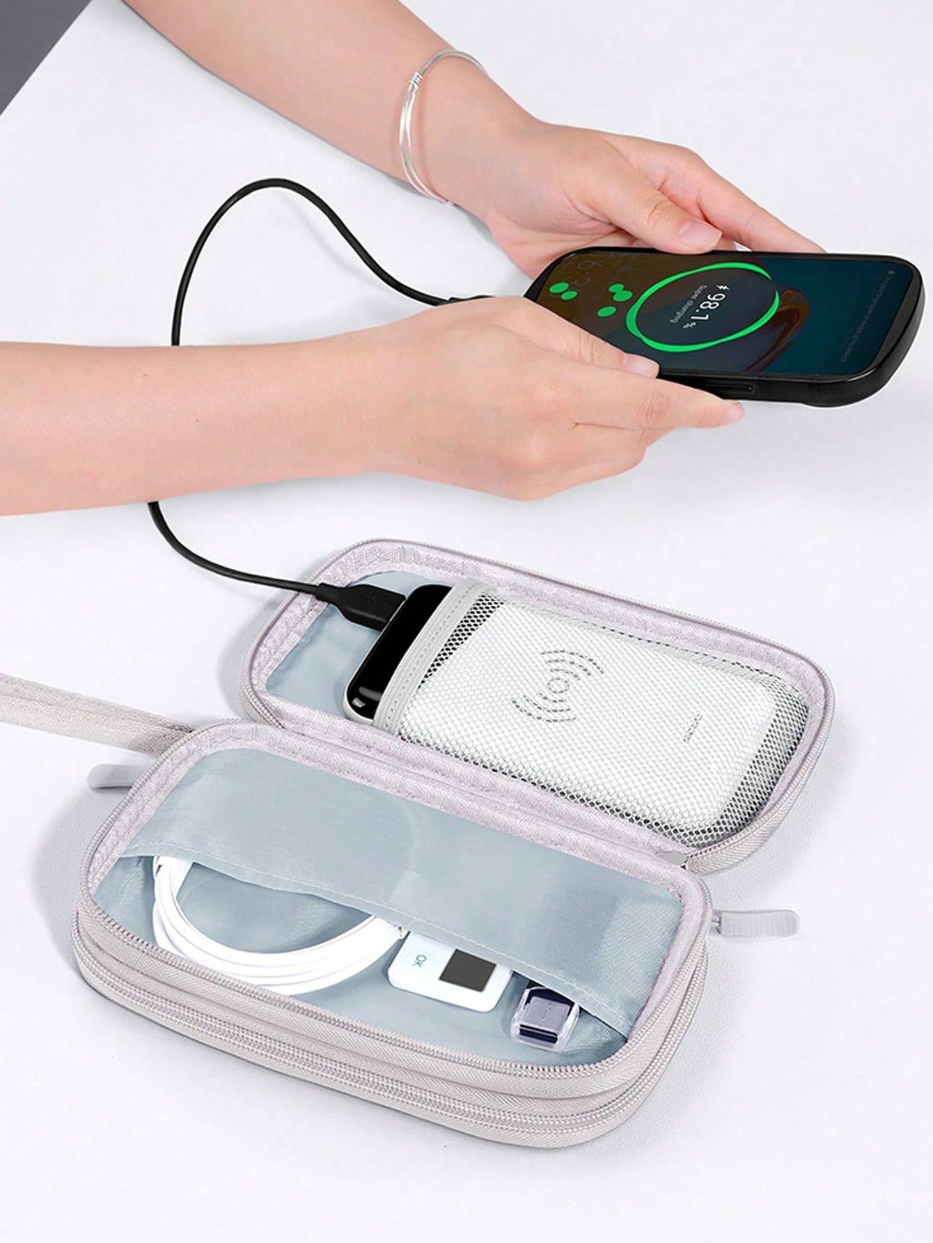 1pc Minimalist Solid Color Double-Layer EVA Storage Bag, Portable Data Cable Organizer Pouch To Hold Earphones, Cables, Chargers, Power Banks, Rectangular Storage Box, Essential For Traveling Men And