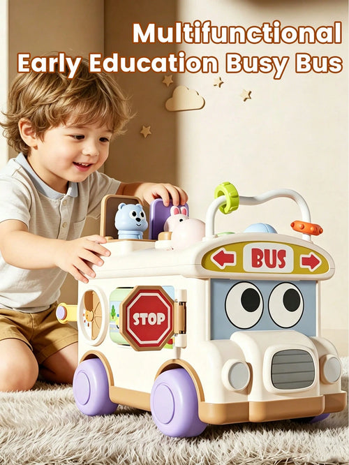 1pc Multifunctional Montessori Educational Toy, Early Childhood Puzzle Bus Toy, Develop Fine Motor Skills, Pop-Up Animal Sensory Toy, Busy Activity Cube Toy, Enhance Hand-Eye Coordination And Sensory
