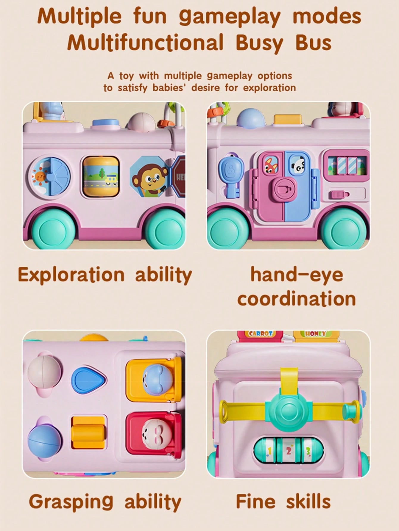 1pc Multifunctional Montessori Educational Toy, Early Childhood Puzzle Bus Toy, Develop Fine Motor Skills, Pop-Up Animal Sensory Toy, Busy Activity Cube Toy, Enhance Hand-Eye Coordination And Sensory
