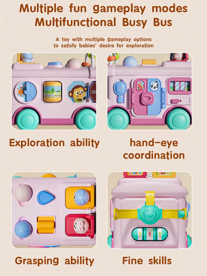1pc Multifunctional Montessori Educational Toy, Early Childhood Puzzle Bus Toy, Develop Fine Motor Skills, Pop-Up Animal Sensory Toy, Busy Activity Cube Toy, Enhance Hand-Eye Coordination And Sensory