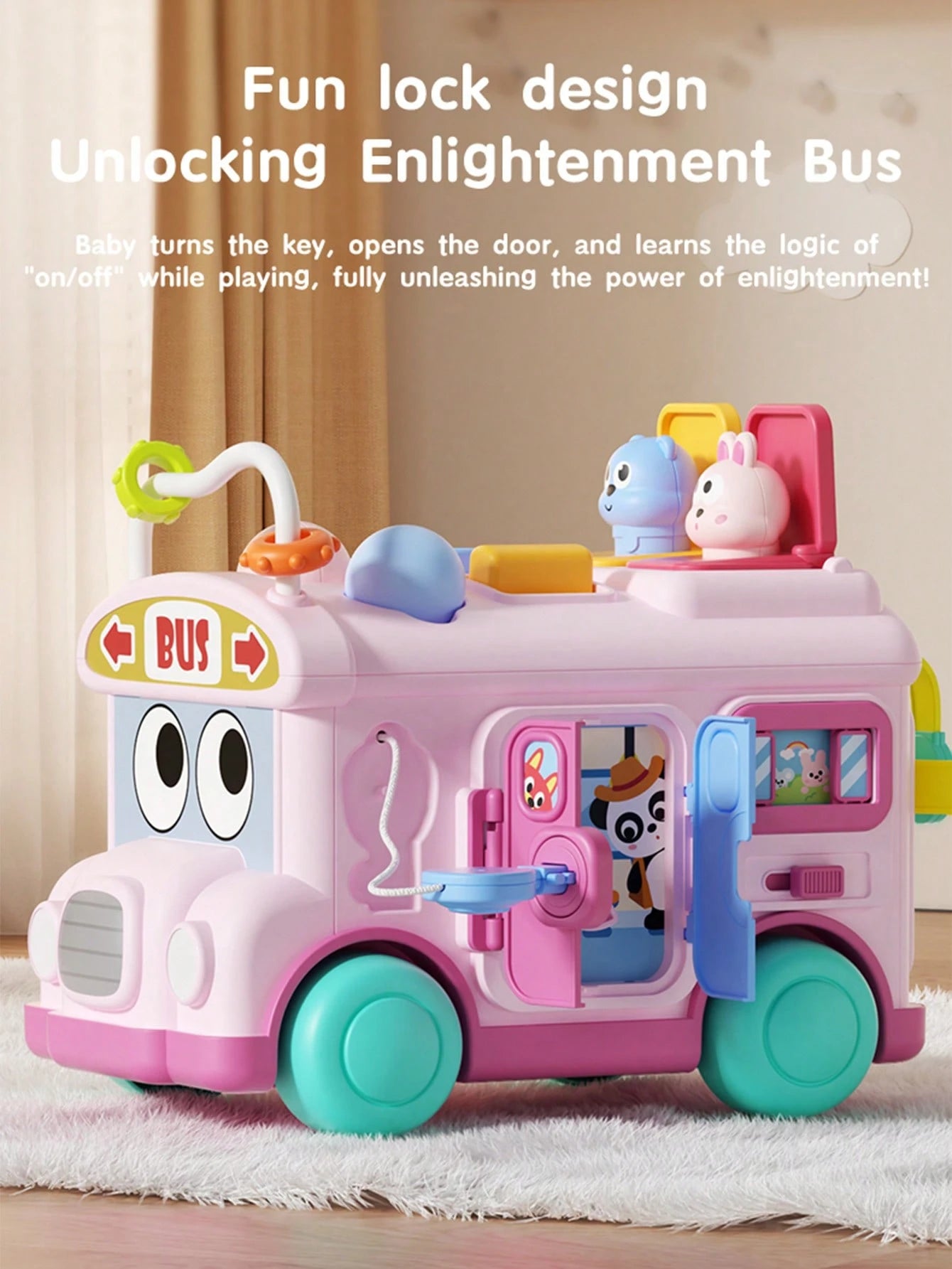 1pc Multifunctional Montessori Educational Toy, Early Childhood Puzzle Bus Toy, Develop Fine Motor Skills, Pop-Up Animal Sensory Toy, Busy Activity Cube Toy, Enhance Hand-Eye Coordination And Sensory