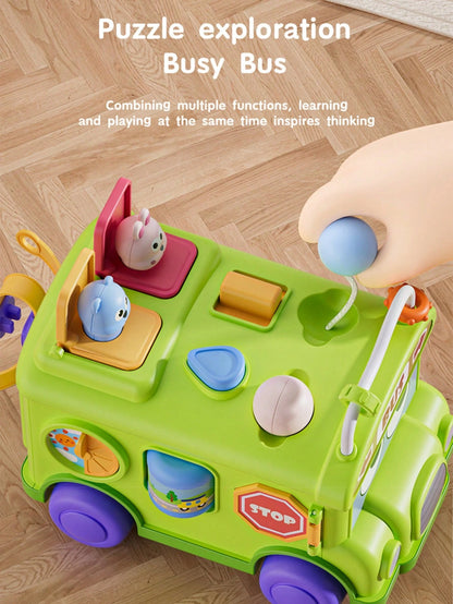1pc Multifunctional Montessori Educational Toy, Early Childhood Puzzle Bus Toy, Develop Fine Motor Skills, Pop-Up Animal Sensory Toy, Busy Activity Cube Toy, Enhance Hand-Eye Coordination And Sensory