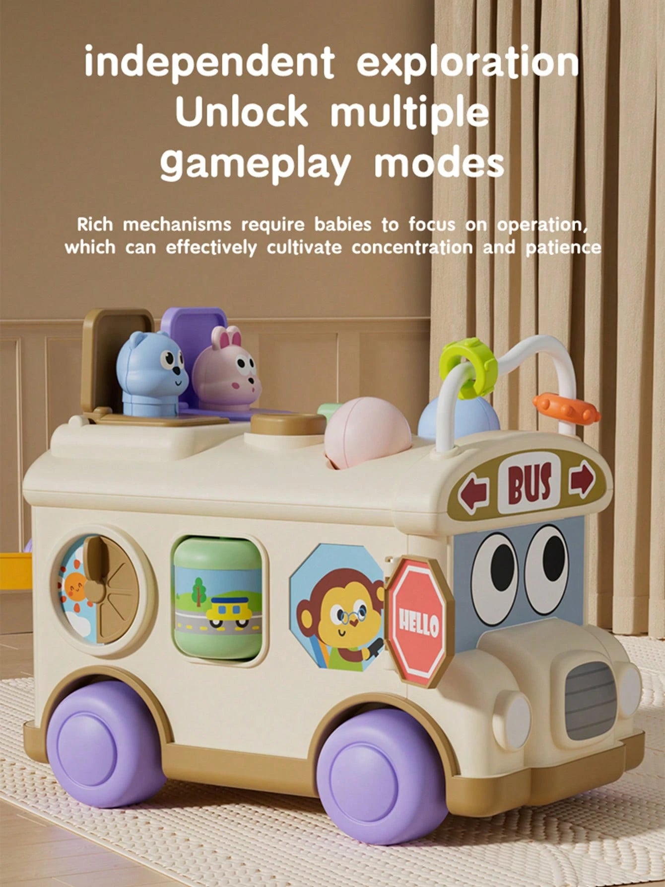 1pc Multifunctional Montessori Educational Toy, Early Childhood Puzzle Bus Toy, Develop Fine Motor Skills, Pop-Up Animal Sensory Toy, Busy Activity Cube Toy, Enhance Hand-Eye Coordination And Sensory