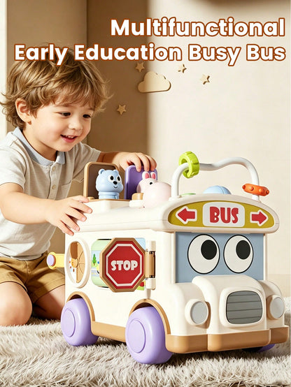 1pc Multifunctional Montessori Educational Toy, Early Childhood Puzzle Bus Toy, Develop Fine Motor Skills, Pop-Up Animal Sensory Toy, Busy Activity Cube Toy, Enhance Hand-Eye Coordination And Sensory