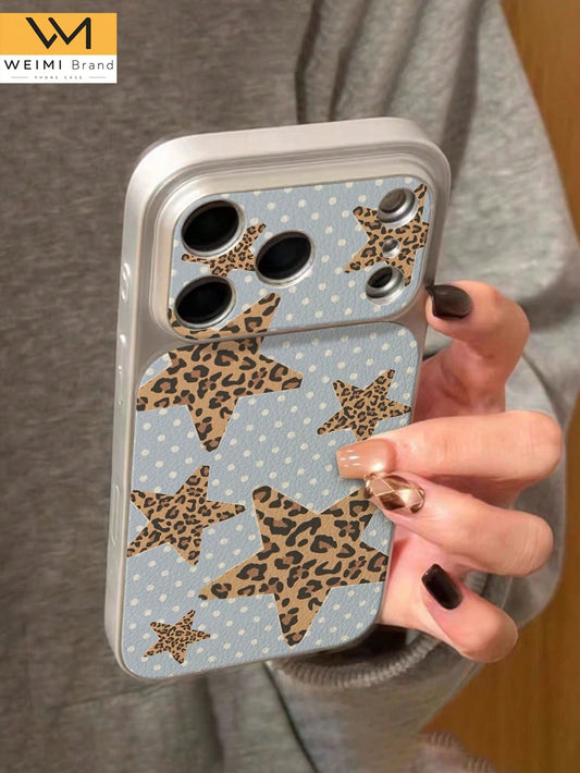 1pc New Fashion Personalized Leopard Print Star Polka Dot Pattern Full Coverage Button Classic Anti-Drop Metal Paint Premium Texture Soft Texture PU Leather Phone Case, Suitable As Birthday Gift, Holi