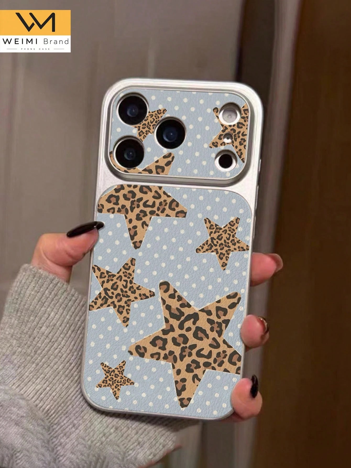 1pc New Fashion Personalized Leopard Print Star Polka Dot Pattern Full Coverage Button Classic Anti-Drop Metal Paint Premium Texture Soft Texture PU Leather Phone Case, Suitable As Birthday Gift, Holi