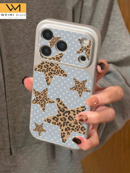 1pc New Fashion Personalized Leopard Print Star Polka Dot Pattern Full Coverage Button Classic Anti-Drop Metal Paint Premium Texture Soft Texture PU Leather Phone Case, Suitable As Birthday Gift, Holi