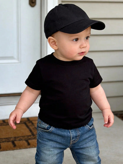 1pc Newborn Baby Boy/Girl Casual Cute Outfit Simple Vintage Style Round Neck Short Sleeve Soft & Comfortable T-Shirt Top, Spring/Summer, Suitable For Outdoor Sports, Social Gatherings, Weekend Play