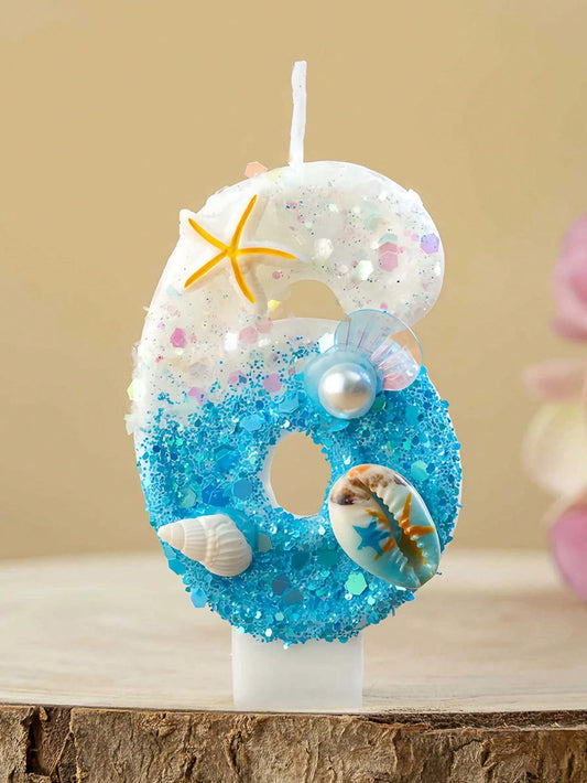 1pc Ocean Themed Gradient Blue Glitter Number 0-9 Birthday Candle With Starfish Shell Pearl Decor, Summer Beach Style Kids Birthday Cake Decoration