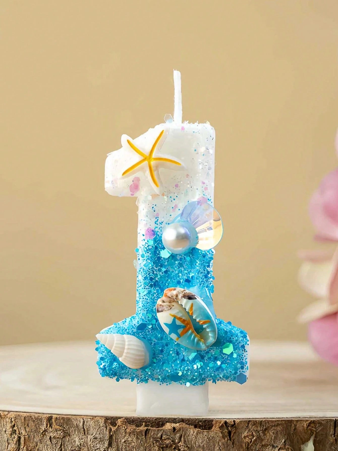 1pc Ocean Themed Gradient Blue Glitter Number 0-9 Birthday Candle With Starfish Shell Pearl Decor, Summer Beach Style Kids Birthday Cake Decoration