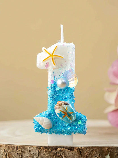 1pc Ocean Themed Gradient Blue Glitter Number 0-9 Birthday Candle With Starfish Shell Pearl Decor, Summer Beach Style Kids Birthday Cake Decoration