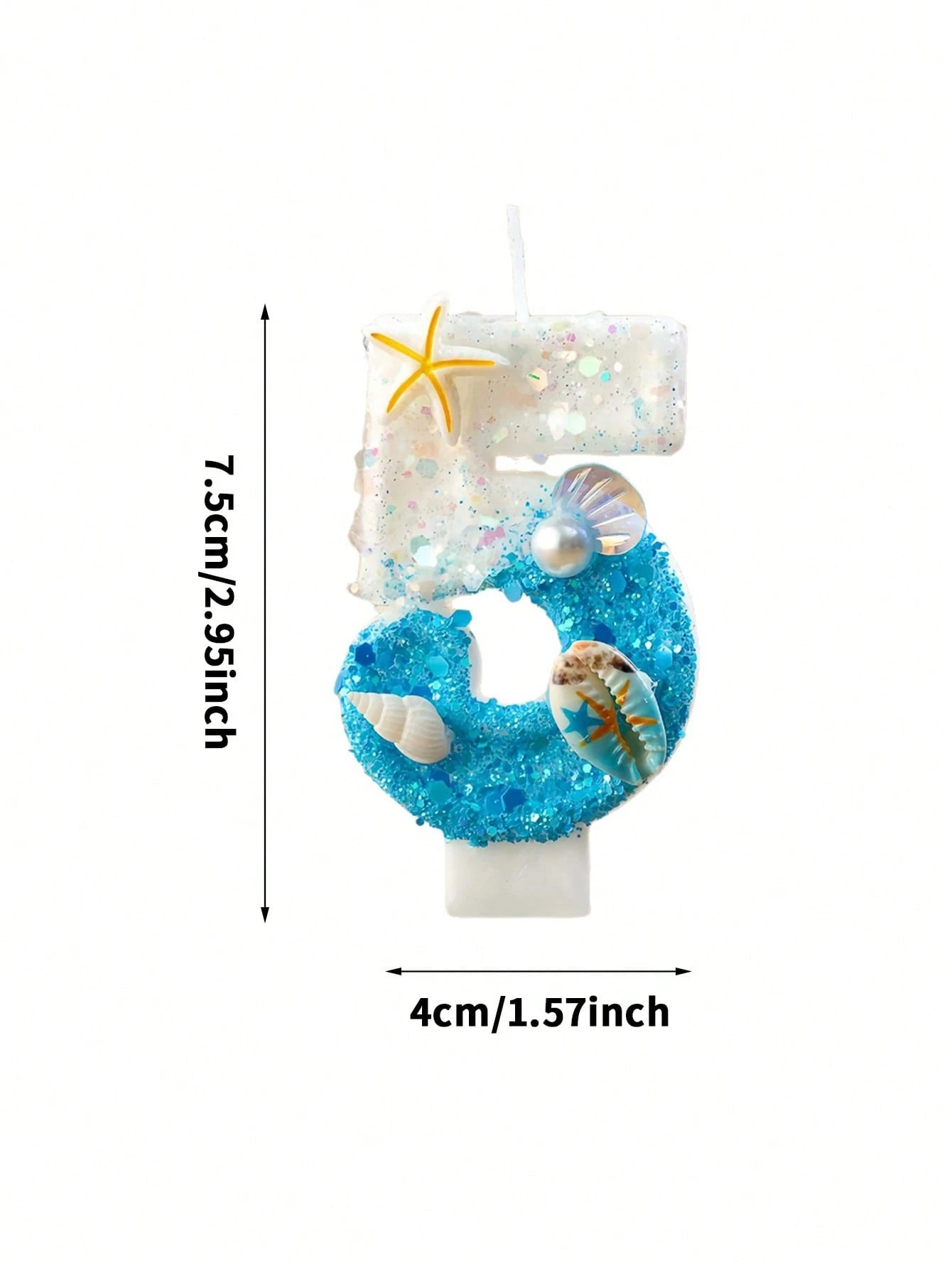 1pc Ocean Themed Gradient Blue Glitter Number 0-9 Birthday Candle With Starfish Shell Pearl Decor, Summer Beach Style Kids Birthday Cake Decoration