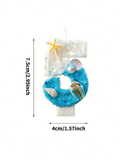 1pc Ocean Themed Gradient Blue Glitter Number 0-9 Birthday Candle With Starfish Shell Pearl Decor, Summer Beach Style Kids Birthday Cake Decoration