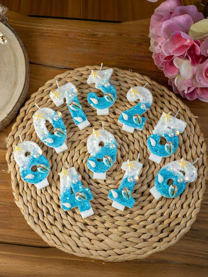 1pc Ocean Themed Gradient Blue Glitter Number 0-9 Birthday Candle With Starfish Shell Pearl Decor, Summer Beach Style Kids Birthday Cake Decoration