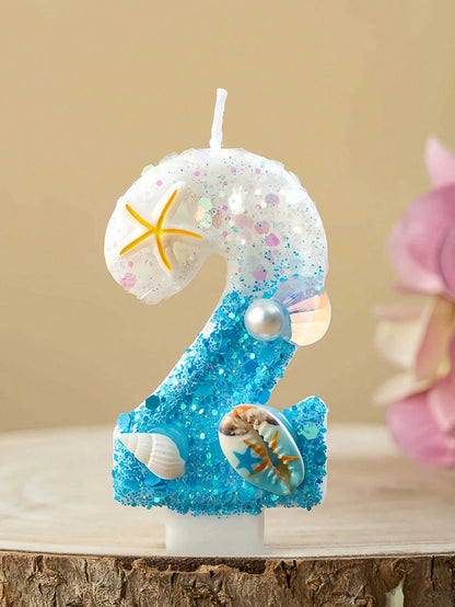 1pc Ocean Themed Gradient Blue Glitter Number 0-9 Birthday Candle With Starfish Shell Pearl Decor, Summer Beach Style Kids Birthday Cake Decoration