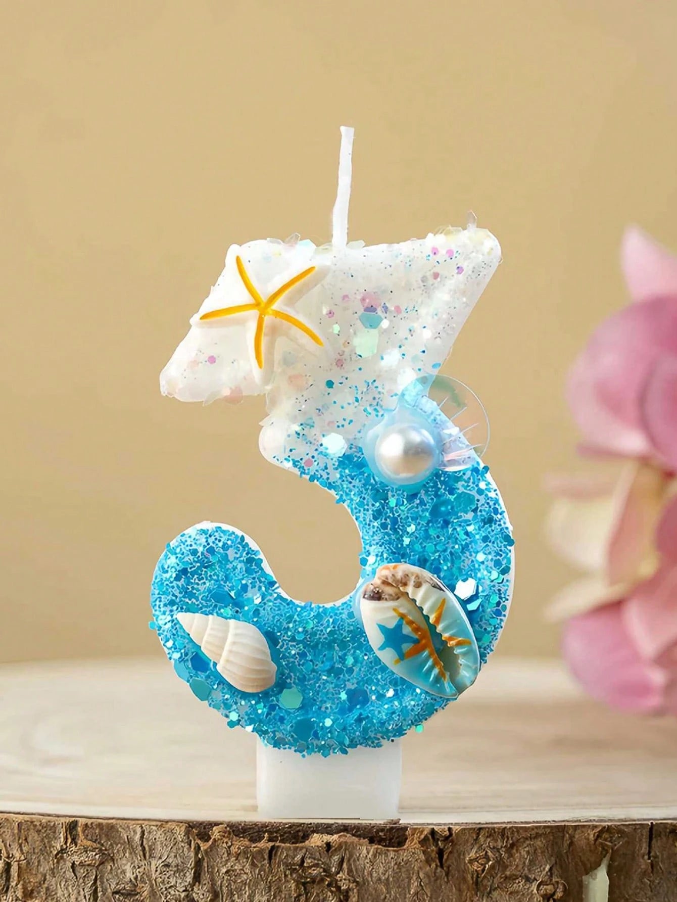 1pc Ocean Themed Gradient Blue Glitter Number 0-9 Birthday Candle With Starfish Shell Pearl Decor, Summer Beach Style Kids Birthday Cake Decoration