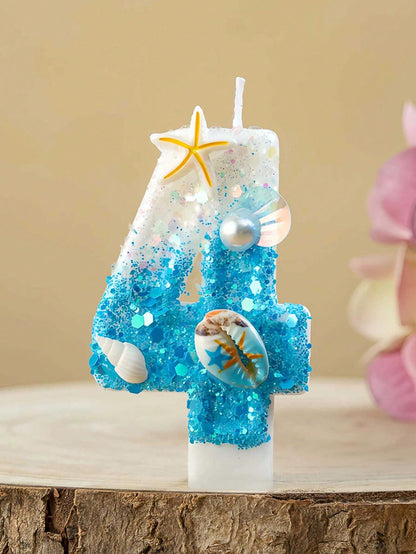 1pc Ocean Themed Gradient Blue Glitter Number 0-9 Birthday Candle With Starfish Shell Pearl Decor, Summer Beach Style Kids Birthday Cake Decoration