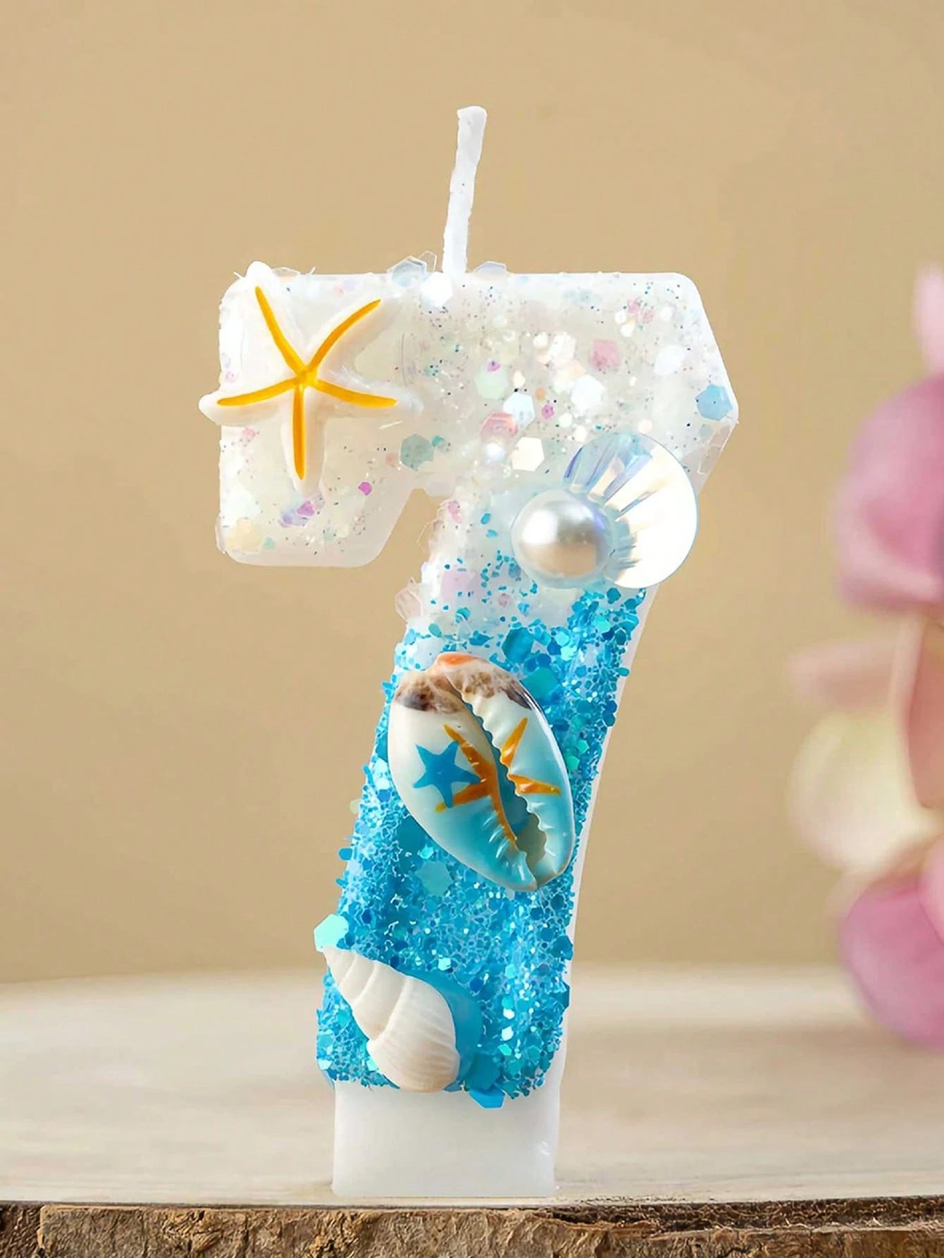 1pc Ocean Themed Gradient Blue Glitter Number 0-9 Birthday Candle With Starfish Shell Pearl Decor, Summer Beach Style Kids Birthday Cake Decoration