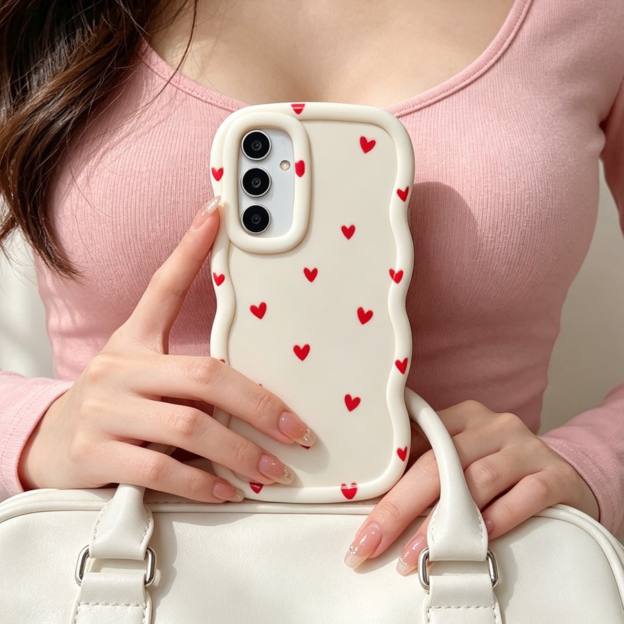 1pc Peach Red Small Heart Full Screen Cute Minimalist Fresh Personalized Creative Simple Red Pink Heart Shape European American Girl Ins Gentle Sweet Pretty Beautiful, Macaron White Full Coverage Anti