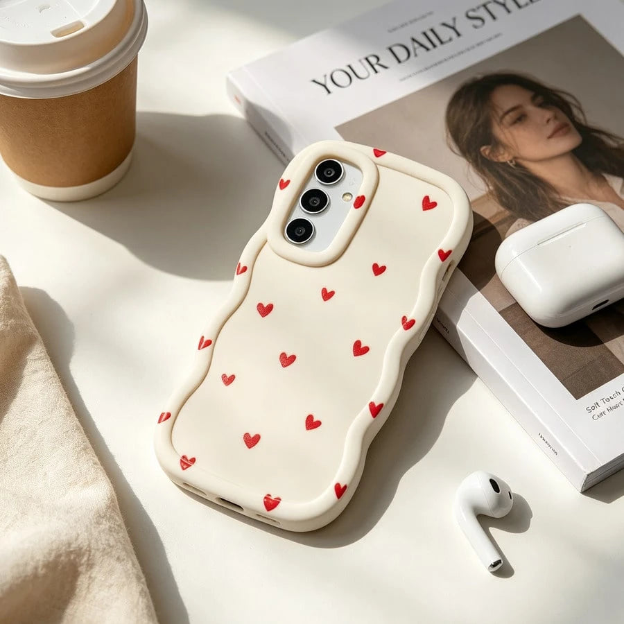 1pc Peach Red Small Heart Full Screen Cute Minimalist Fresh Personalized Creative Simple Red Pink Heart Shape European American Girl Ins Gentle Sweet Pretty Beautiful, Macaron White Full Coverage Anti