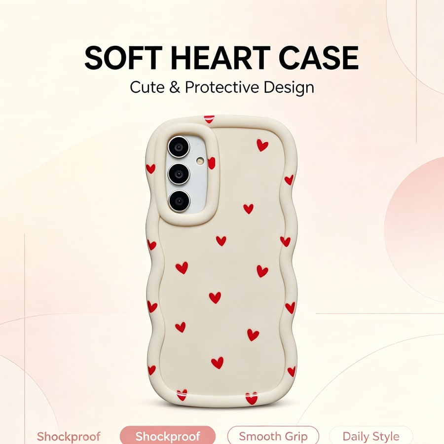 1pc Peach Red Small Heart Full Screen Cute Minimalist Fresh Personalized Creative Simple Red Pink Heart Shape European American Girl Ins Gentle Sweet Pretty Beautiful, Macaron White Full Coverage Anti