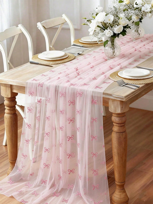 1pc Pink Bow Tulle Mesh Table Runner, Pink Bow Chiffon Polyester Double-Sided Tablecloth, 75*180cm, DIY Handmade, Wedding Decor, 1st Birthday Decor, Baby Shower Party Supplies, Pink Birthday Decor, Ge