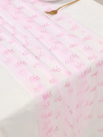 1pc Pink Bow Tulle Mesh Table Runner, Pink Bow Chiffon Polyester Double-Sided Tablecloth, 75*180cm, DIY Handmade, Wedding Decor, 1st Birthday Decor, Baby Shower Party Supplies, Pink Birthday Decor, Ge