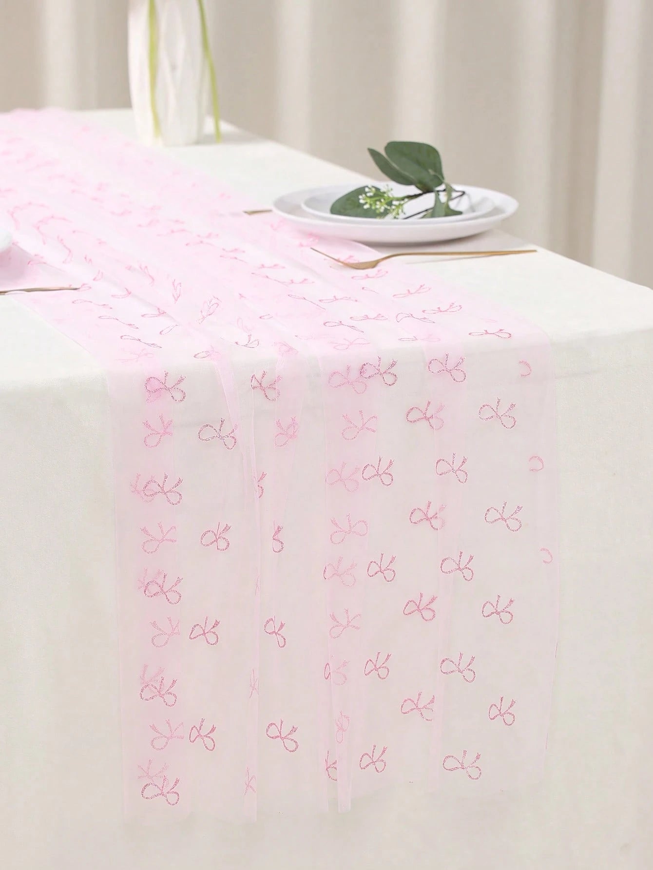 1pc Pink Bow Tulle Mesh Table Runner, Pink Bow Chiffon Polyester Double-Sided Tablecloth, 75*180cm, DIY Handmade, Wedding Decor, 1st Birthday Decor, Baby Shower Party Supplies, Pink Birthday Decor, Ge
