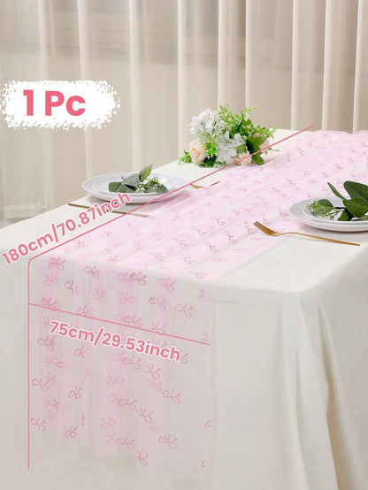 1pc Pink Bow Tulle Mesh Table Runner, Pink Bow Chiffon Polyester Double-Sided Tablecloth, 75*180cm, DIY Handmade, Wedding Decor, 1st Birthday Decor, Baby Shower Party Supplies, Pink Birthday Decor, Ge