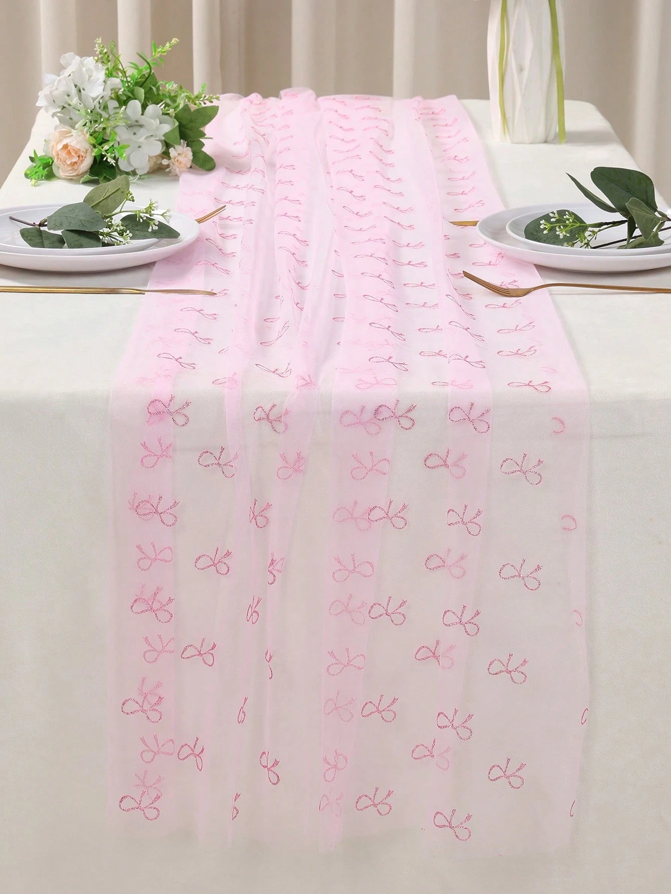 1pc Pink Bow Tulle Mesh Table Runner, Pink Bow Chiffon Polyester Double-Sided Tablecloth, 75*180cm, DIY Handmade, Wedding Decor, 1st Birthday Decor, Baby Shower Party Supplies, Pink Birthday Decor, Ge