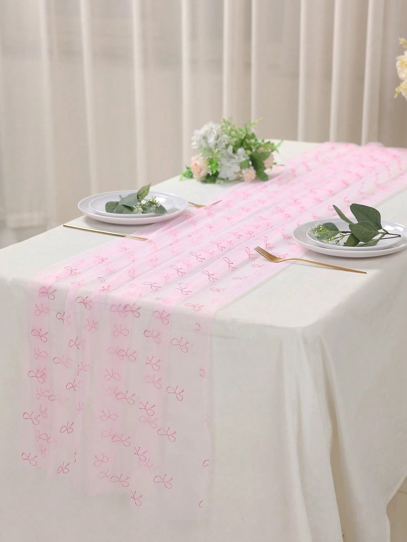 1pc Pink Bow Tulle Mesh Table Runner, Pink Bow Chiffon Polyester Double-Sided Tablecloth, 75*180cm, DIY Handmade, Wedding Decor, 1st Birthday Decor, Baby Shower Party Supplies, Pink Birthday Decor, Ge