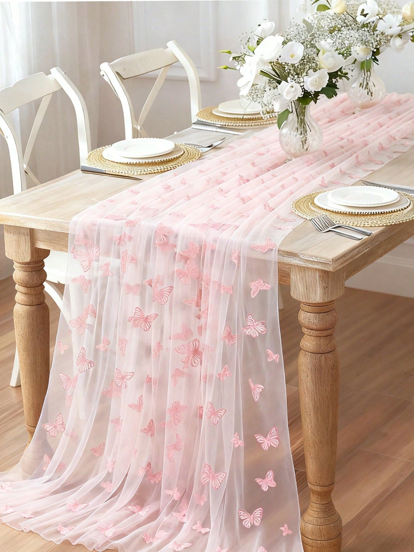 1pc Pink Bow Tulle Mesh Table Runner, Pink Bow Chiffon Polyester Double-Sided Tablecloth, 75*180cm, DIY Handmade, Wedding Decor, 1st Birthday Decor, Baby Shower Party Supplies, Pink Birthday Decor, Ge
