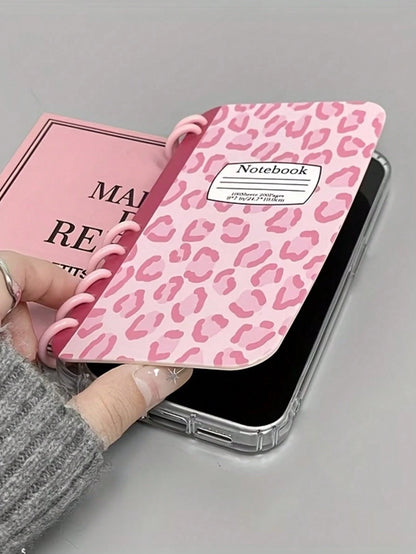 1pc Pink Leopard Print Fashion Flip Notebook Style Protective Phone Case, Minimalist Anti-Drop Anti-Slip, Suitable For 16/16Plus/16Pro/16ProMax/15/15Plus/15ProMax/14/14Plus/14Pro/14ProMax, 13/13Pro/13