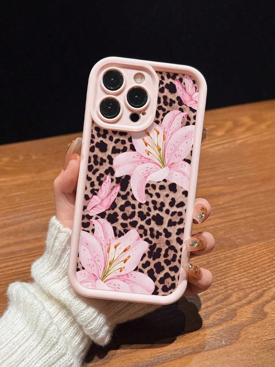 1pc Pink Leopard Print Minimalist Full Coverage TPU Shockproof Phone Case Compatible With Apple 17, 16, 15, 14, 13, 12, 11 Pro Max, Air, And Series,Cute Phone Cases,Summer Beach Style.