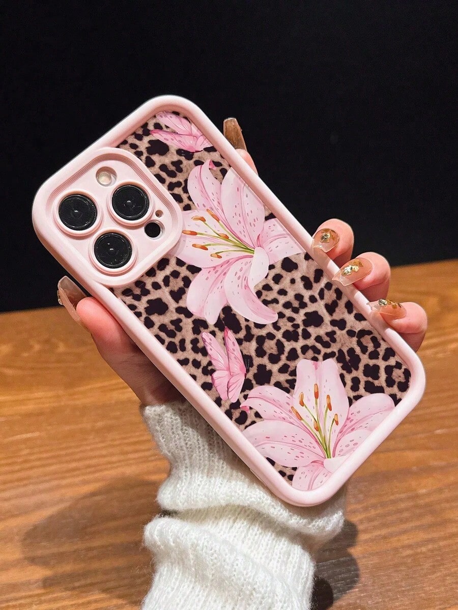 1pc Pink Leopard Print Minimalist Full Coverage TPU Shockproof Phone Case Compatible With Apple 17, 16, 15, 14, 13, 12, 11 Pro Max, Air, And Series,Cute Phone Cases,Summer Beach Style.