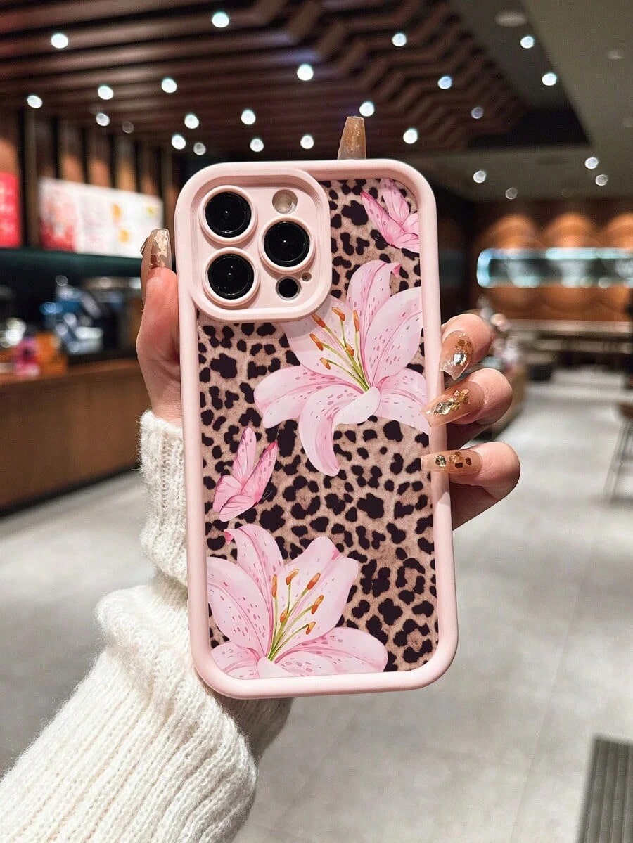 1pc Pink Leopard Print Minimalist Full Coverage TPU Shockproof Phone Case Compatible With Apple 17, 16, 15, 14, 13, 12, 11 Pro Max, Air, And Series,Cute Phone Cases,Summer Beach Style.