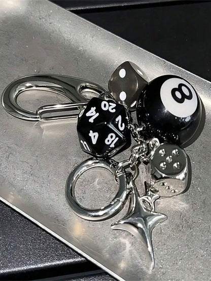 1pc Punk Style Zinc Alloy 8-Ball Pendant Gothic Dice Keychain, Gothic Car Rearview Mirror Decor Double-Sided Embossed Zodiac Symbol Anti-Oxidation Electroplated Hanging Accessory