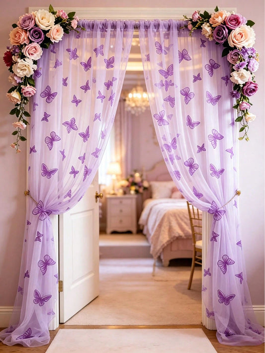 1pc Purple Butterfly Perforated Door Curtain, Rod-Pocket Mesh Door Curtain, DIY Fabric, DIY Mosquito Net Door Curtain, Baby Crib Curtain, Bedroom Door Curtain, Wall Decor Backdrop, Baby Room Decor, Ba