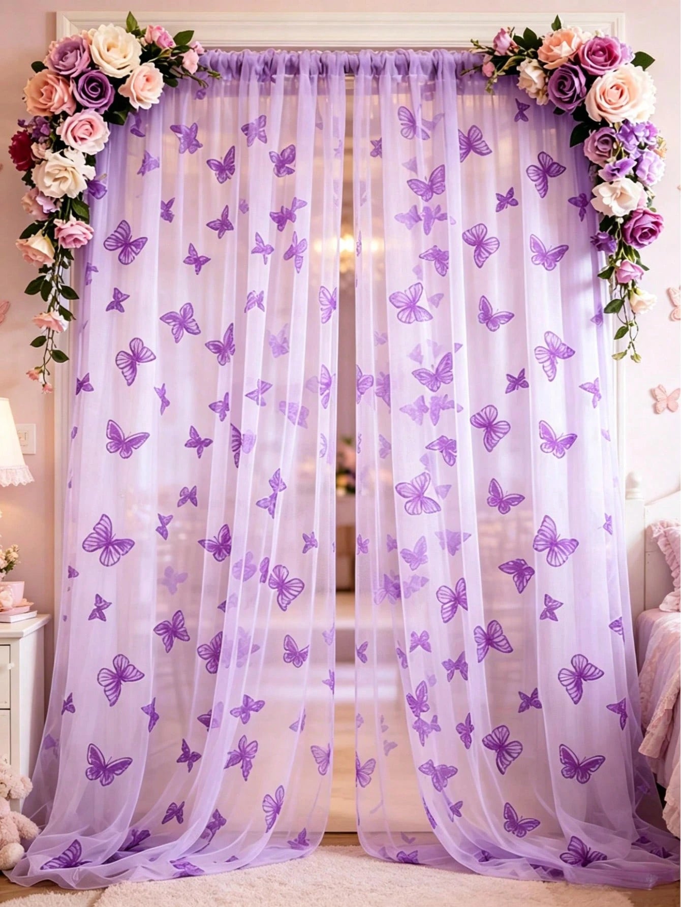 1pc Purple Butterfly Perforated Door Curtain, Rod-Pocket Mesh Door Curtain, DIY Fabric, DIY Mosquito Net Door Curtain, Baby Crib Curtain, Bedroom Door Curtain, Wall Decor Backdrop, Baby Room Decor, Ba