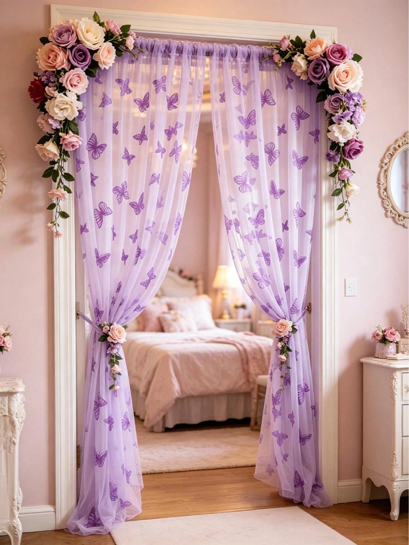 1pc Purple Butterfly Perforated Door Curtain, Rod-Pocket Mesh Door Curtain, DIY Fabric, DIY Mosquito Net Door Curtain, Baby Crib Curtain, Bedroom Door Curtain, Wall Decor Backdrop, Baby Room Decor, Ba