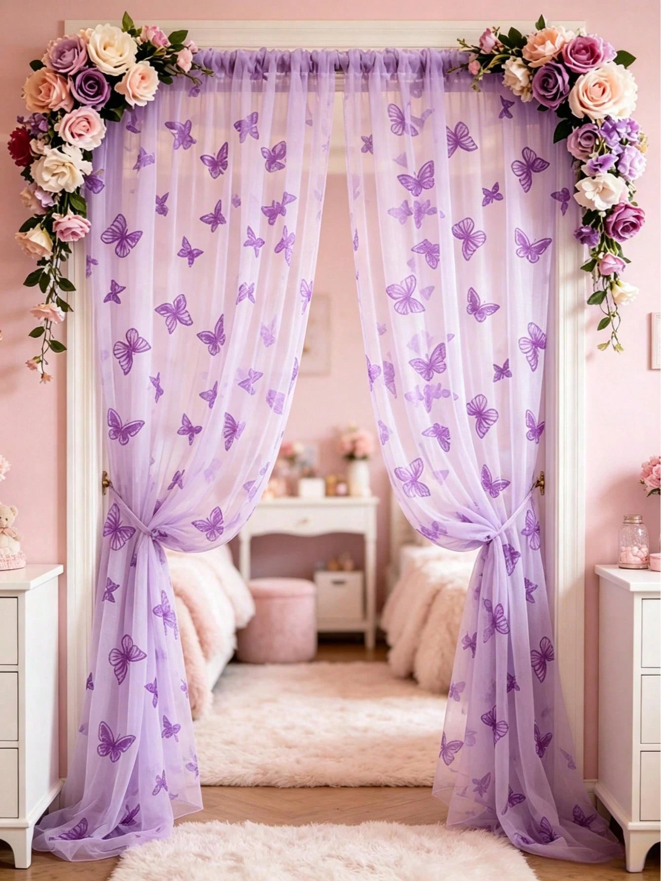 1pc Purple Butterfly Perforated Door Curtain, Rod-Pocket Mesh Door Curtain, DIY Fabric, DIY Mosquito Net Door Curtain, Baby Crib Curtain, Bedroom Door Curtain, Wall Decor Backdrop, Baby Room Decor, Ba