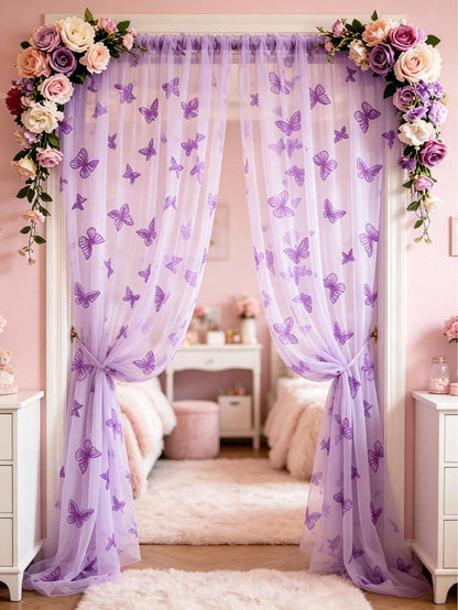 1pc Purple Butterfly Perforated Door Curtain, Rod-Pocket Mesh Door Curtain, DIY Fabric, DIY Mosquito Net Door Curtain, Baby Crib Curtain, Bedroom Door Curtain, Wall Decor Backdrop, Baby Room Decor, Ba
