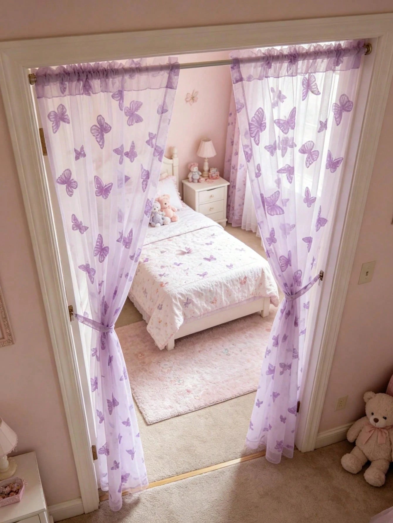 1pc Purple Butterfly Perforated Door Curtain, Rod-Pocket Mesh Door Curtain, DIY Fabric, DIY Mosquito Net Door Curtain, Baby Crib Curtain, Bedroom Door Curtain, Wall Decor Backdrop, Baby Room Decor, Ba
