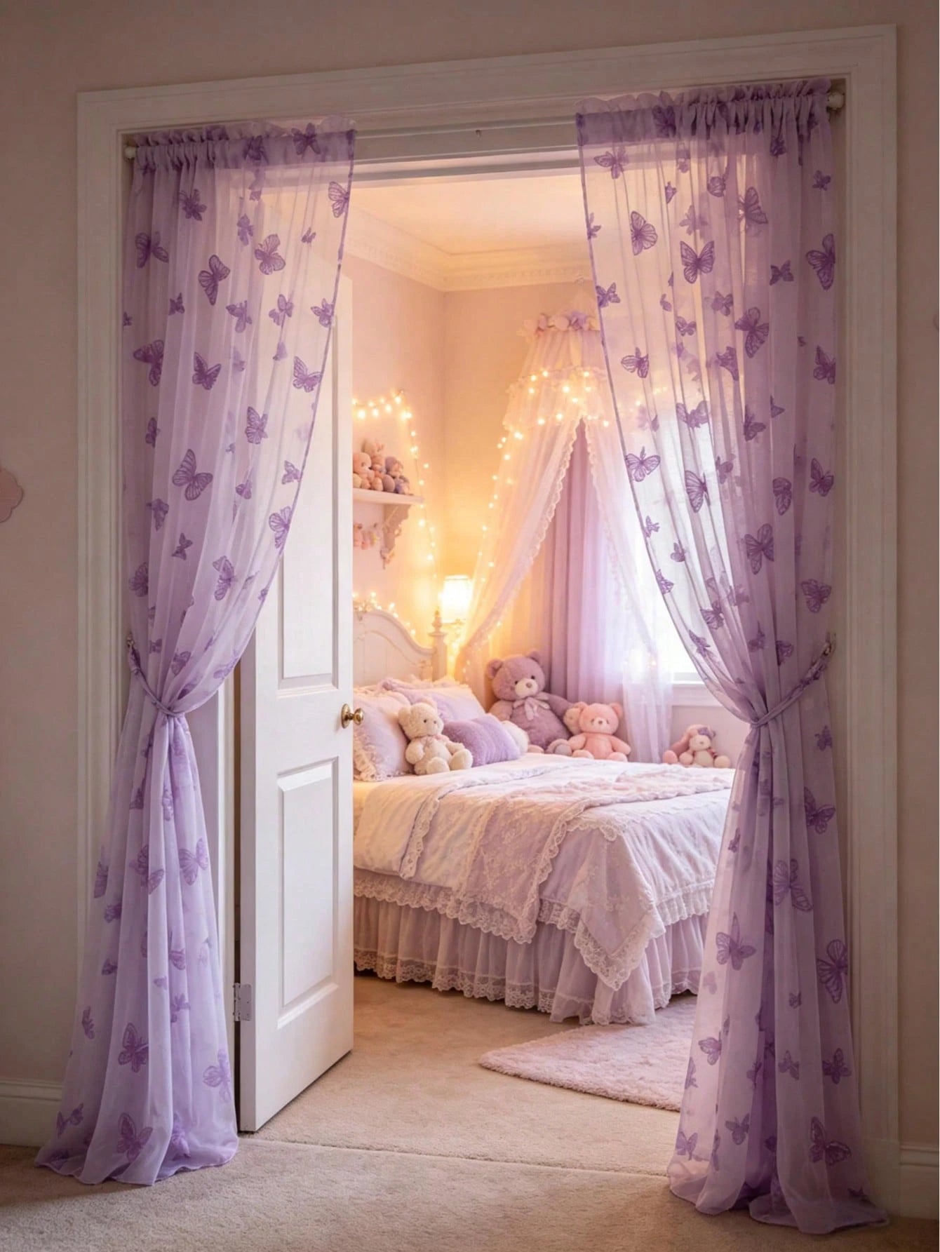 1pc Purple Butterfly Perforated Door Curtain, Rod-Pocket Mesh Door Curtain, DIY Fabric, DIY Mosquito Net Door Curtain, Baby Crib Curtain, Bedroom Door Curtain, Wall Decor Backdrop, Baby Room Decor, Ba