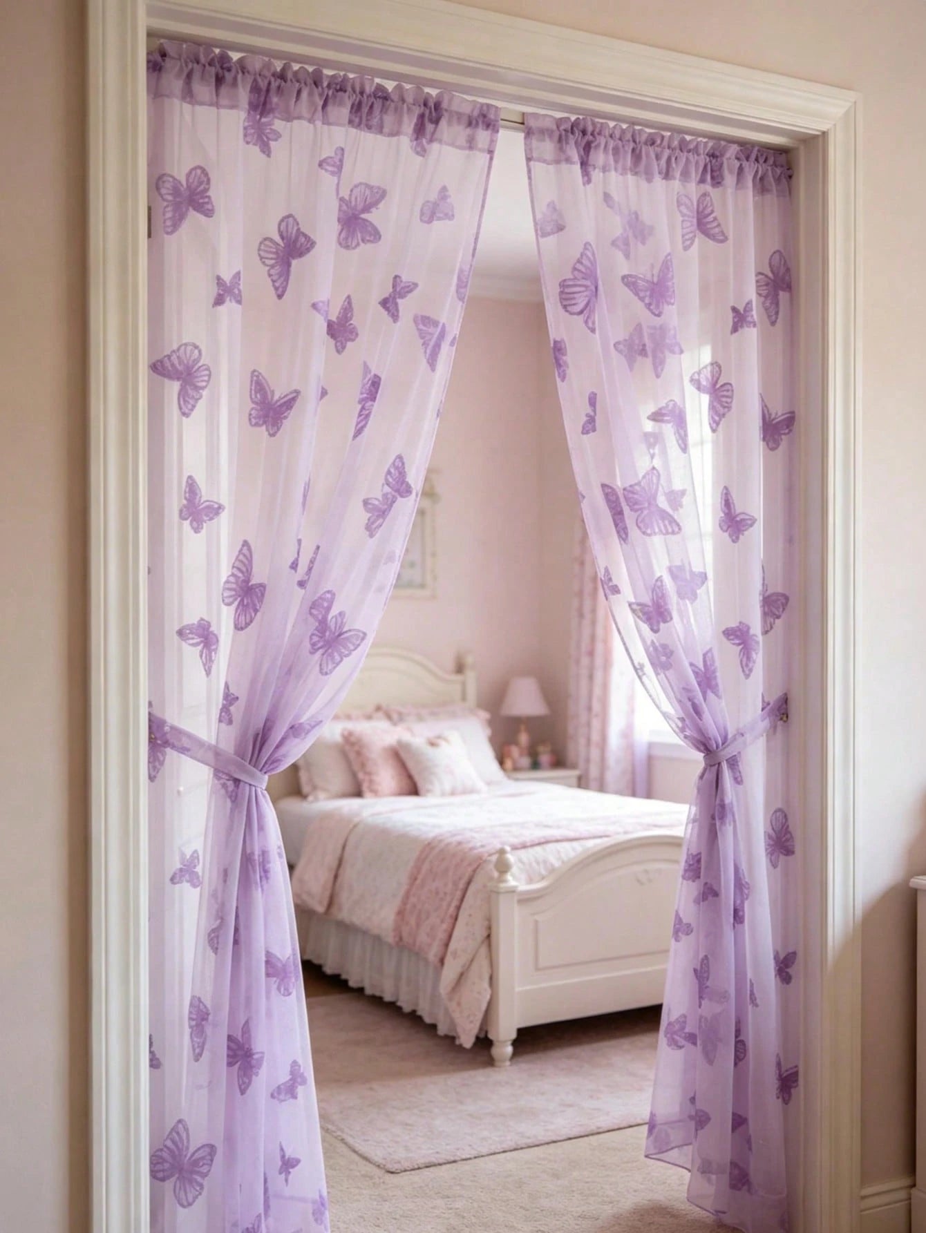 1pc Purple Butterfly Perforated Door Curtain, Rod-Pocket Mesh Door Curtain, DIY Fabric, DIY Mosquito Net Door Curtain, Baby Crib Curtain, Bedroom Door Curtain, Wall Decor Backdrop, Baby Room Decor, Ba