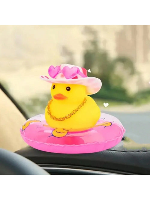 1pc Rubber Duck For Car- Yellow Duck Car Dashboard Decoration, Squeaky Duck Toy Car Decorative Accessories With Hat, Swimming Ring, Necklace And Sunglasses
