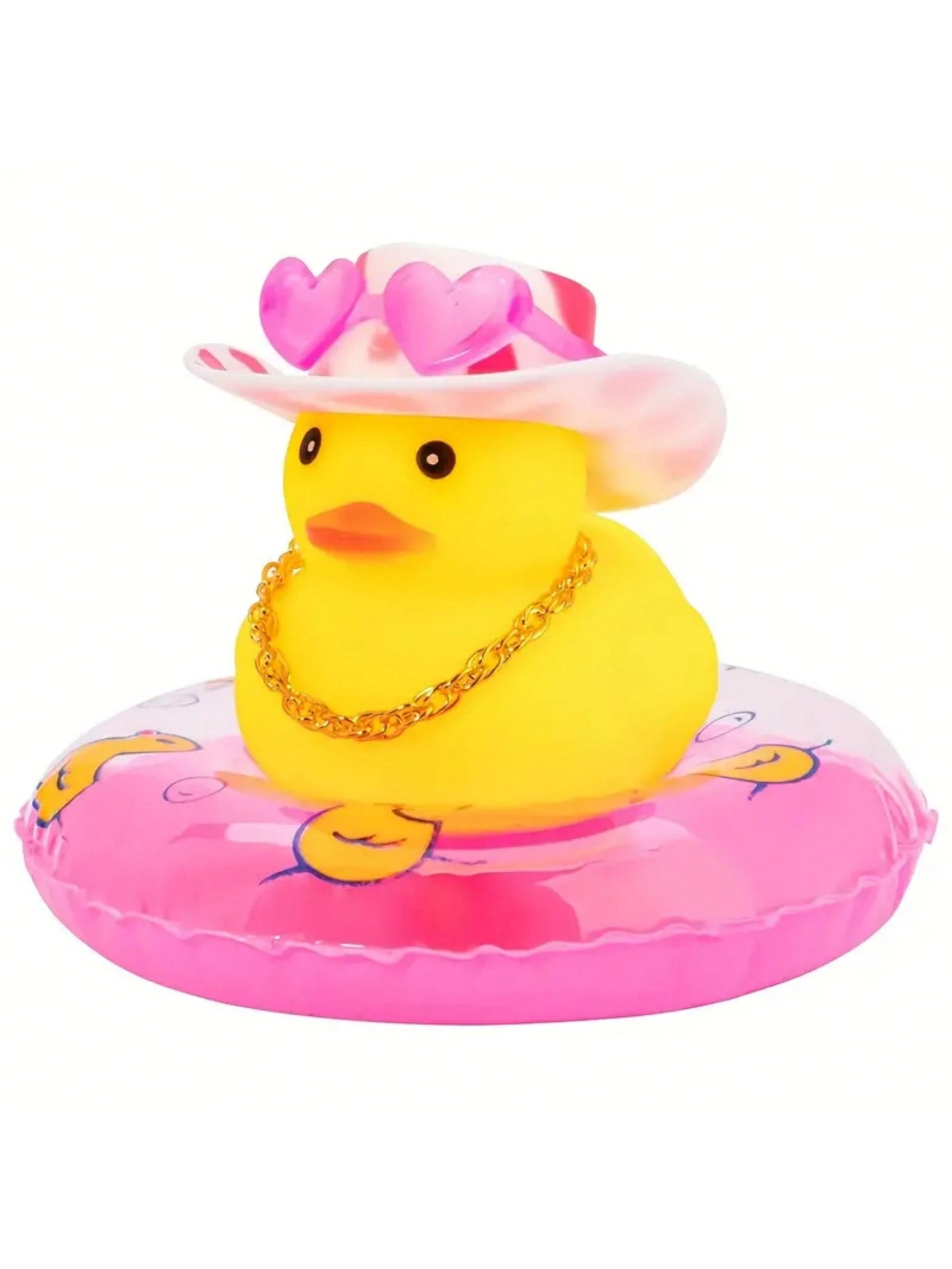1pc Rubber Duck For Car- Yellow Duck Car Dashboard Decoration, Squeaky Duck Toy Car Decorative Accessories With Hat, Swimming Ring, Necklace And Sunglasses